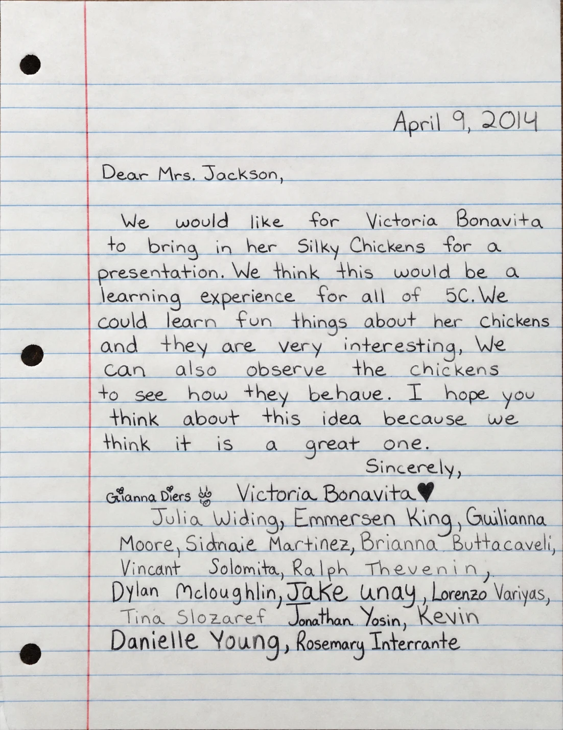 Classroom petition signed by Victoria and her classmates asking permission for her to bring her Silky chickens to school