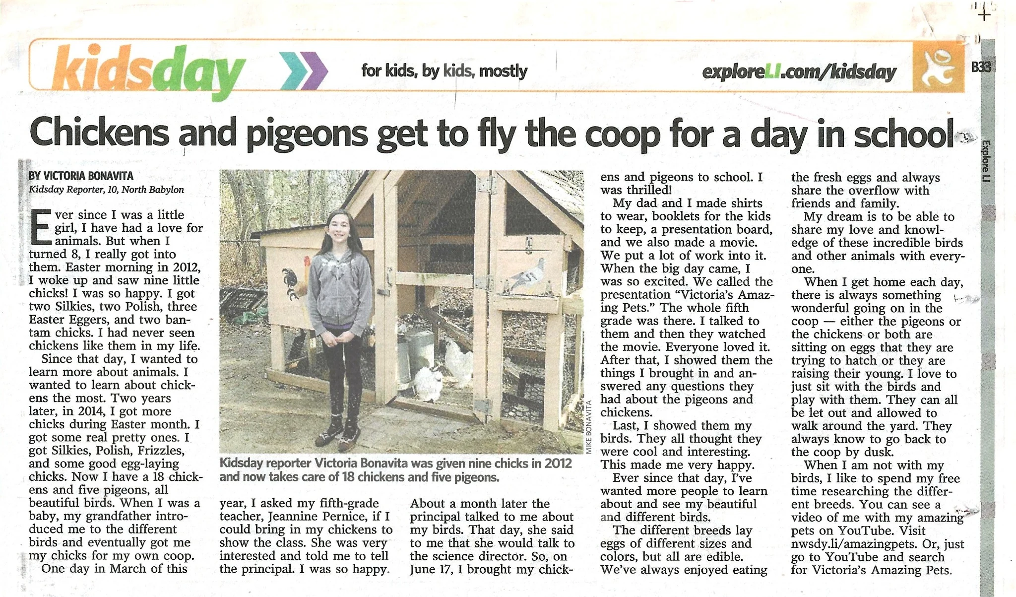 Newsday article about Victoria Bonavita's first Victoria's Amazing Pets presentation for her fifth-grade class