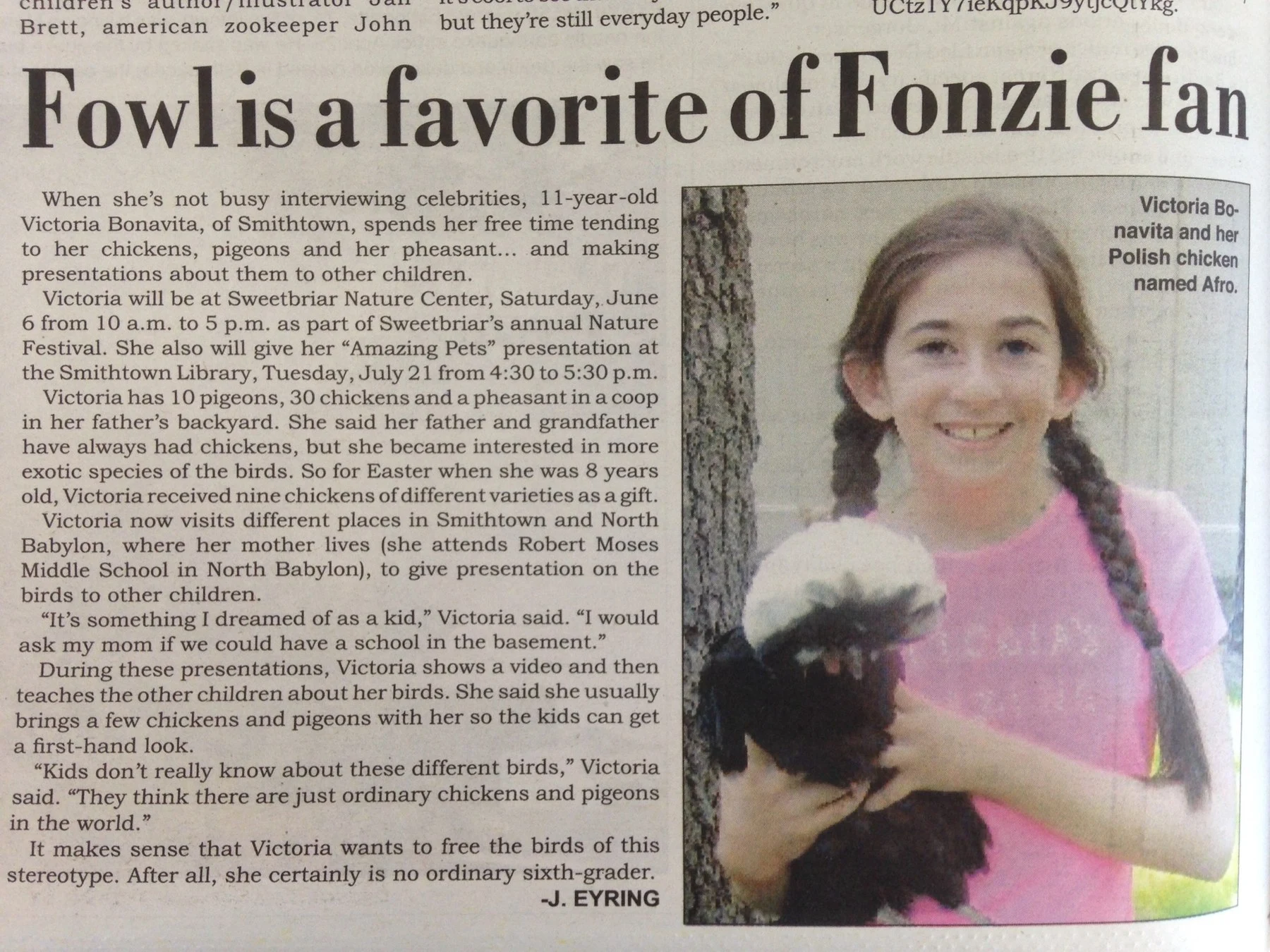 Fowl is a favorite of Fonzie fan newspaper article about Victoria